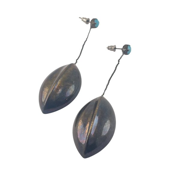 Vintage Style Long Dangle Earrings With Turquoise Studs & Bronze Leaf Design - Picture 1 of 9